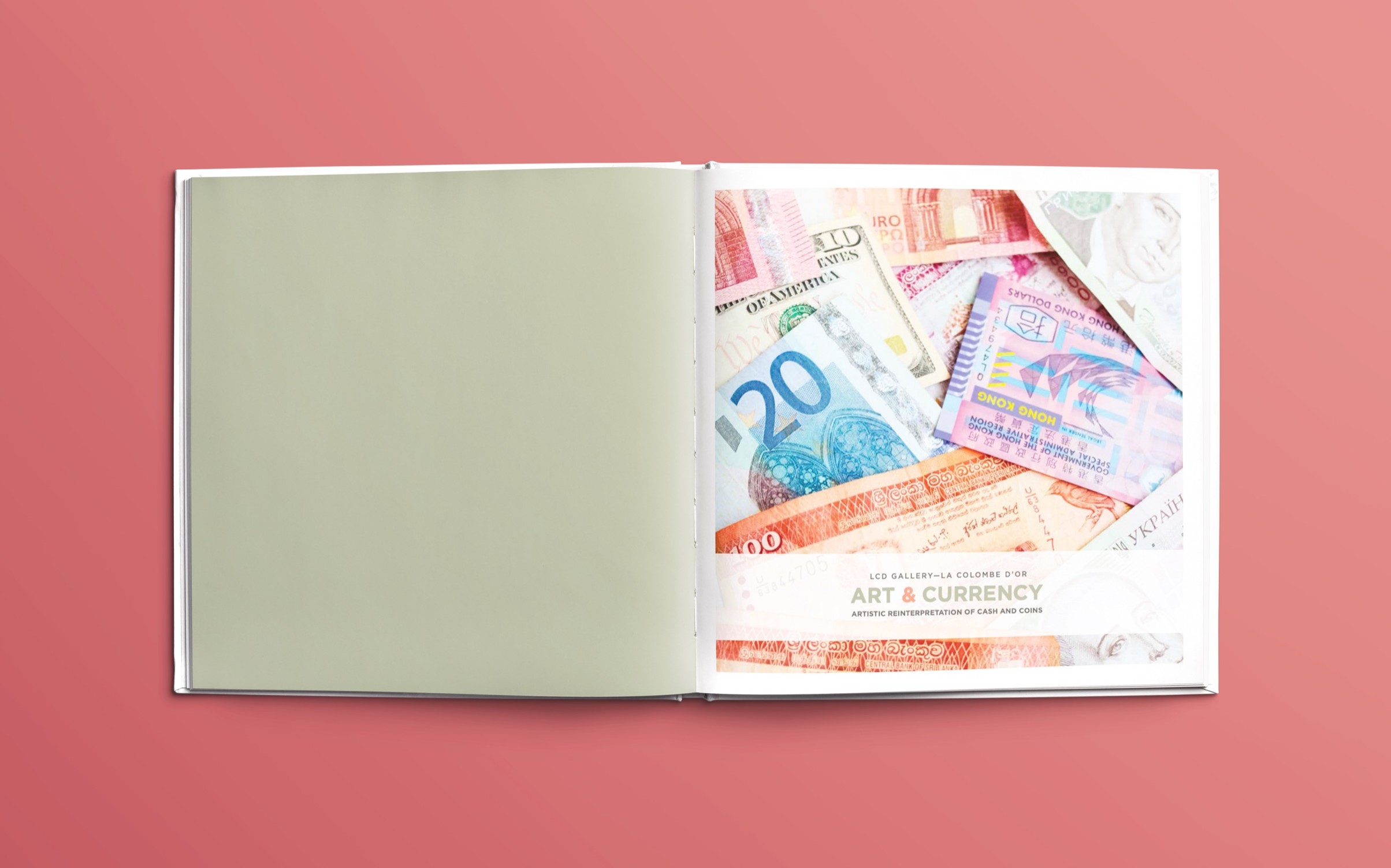 Catalog open to photographed international currency