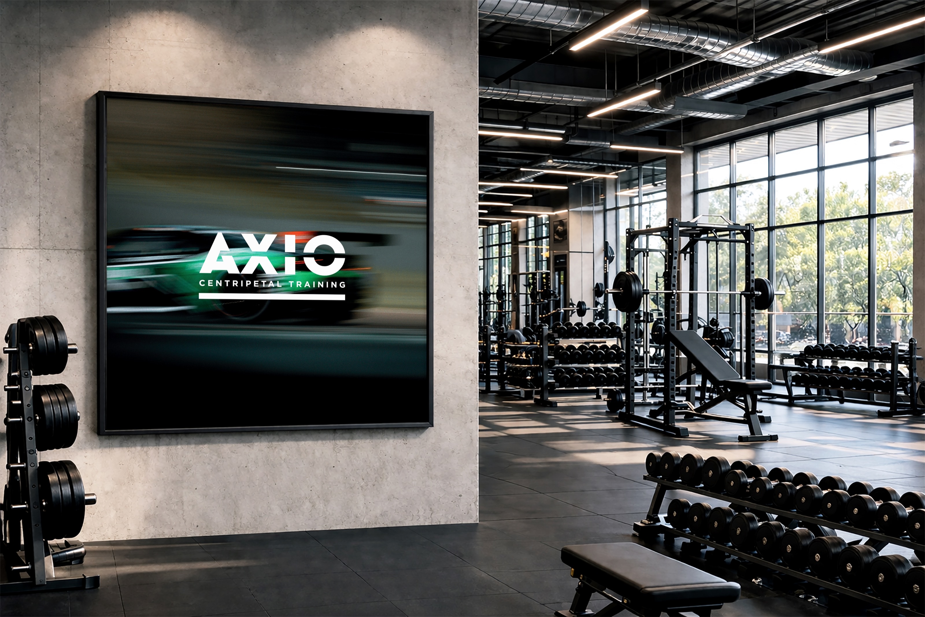 AXIO brand mark in a gym environment mockup