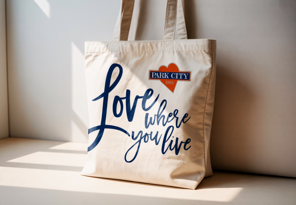 Canvas tote with Love where you live and the Park City heart mark
