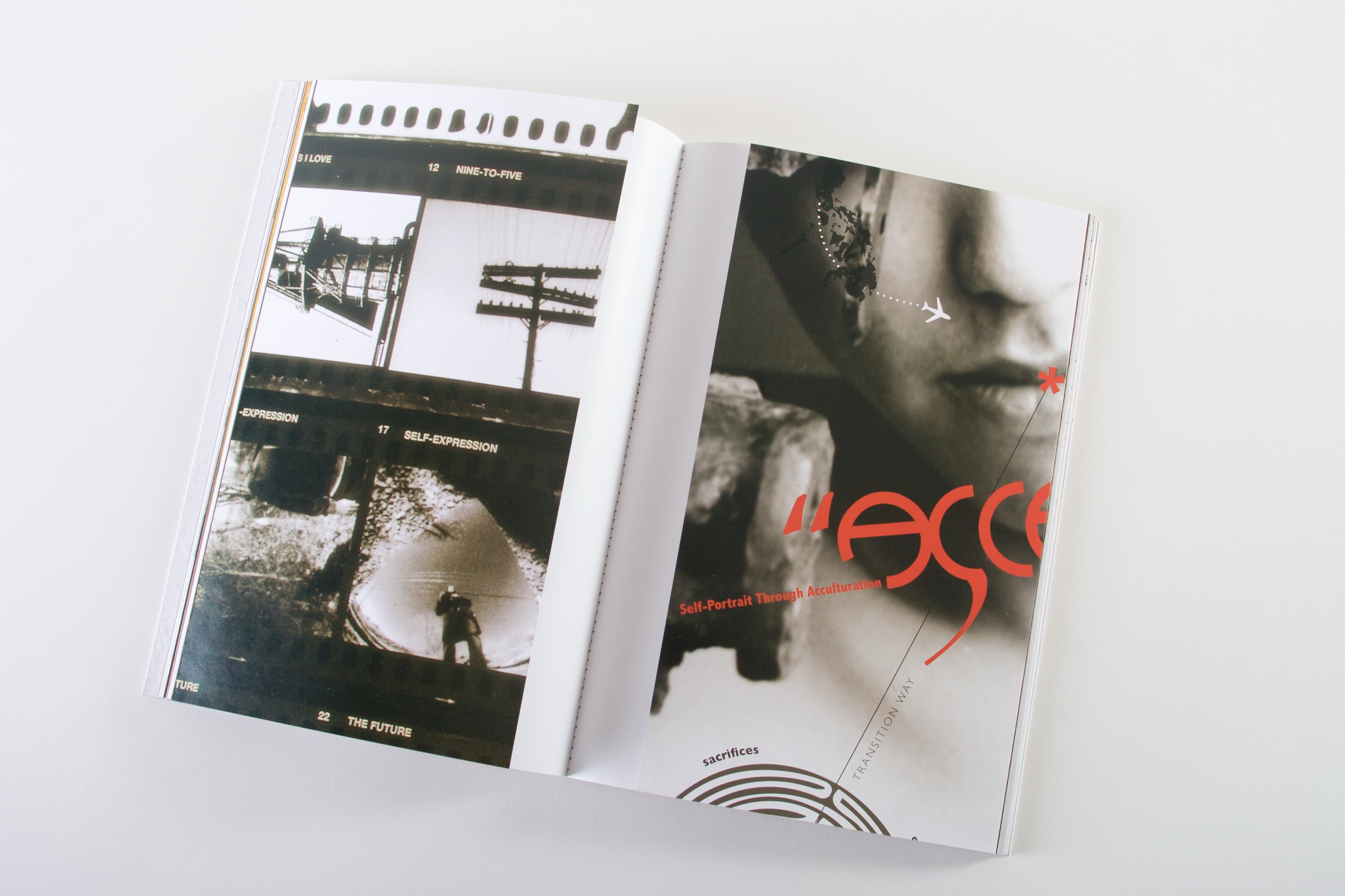 Catalog spread with photographic portrait and red type